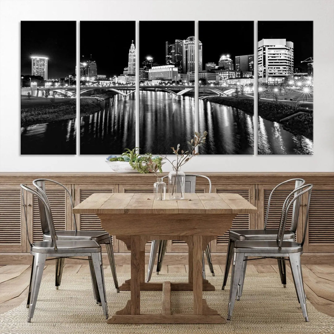 The living room showcases the Columbus City Lights Skyline Black and White Wall Art Cityscape Canvas Print.