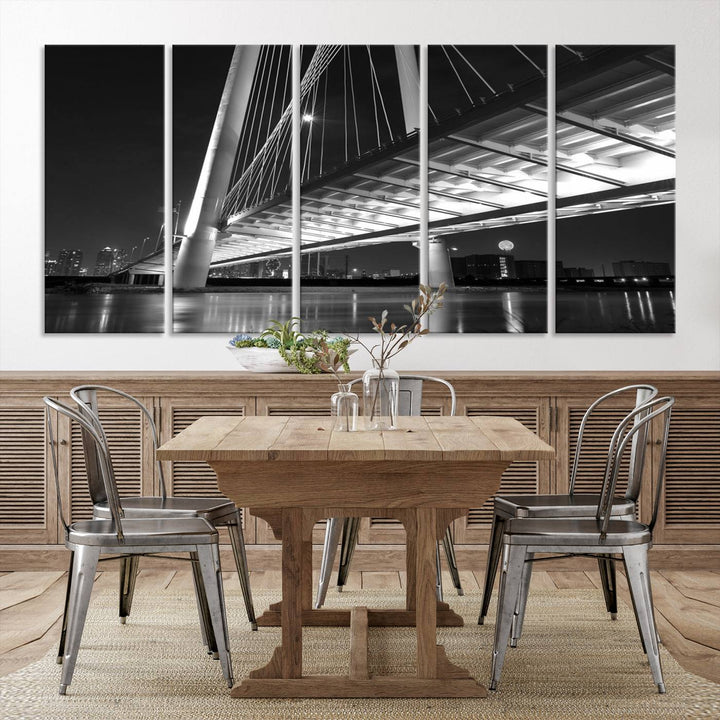 The modern living room features the museum-quality "Dallas City Bridge Lights Skyline Black and White Wall Art Cityscape Canvas Print," elegantly displayed on gallery-wrapped canvas.