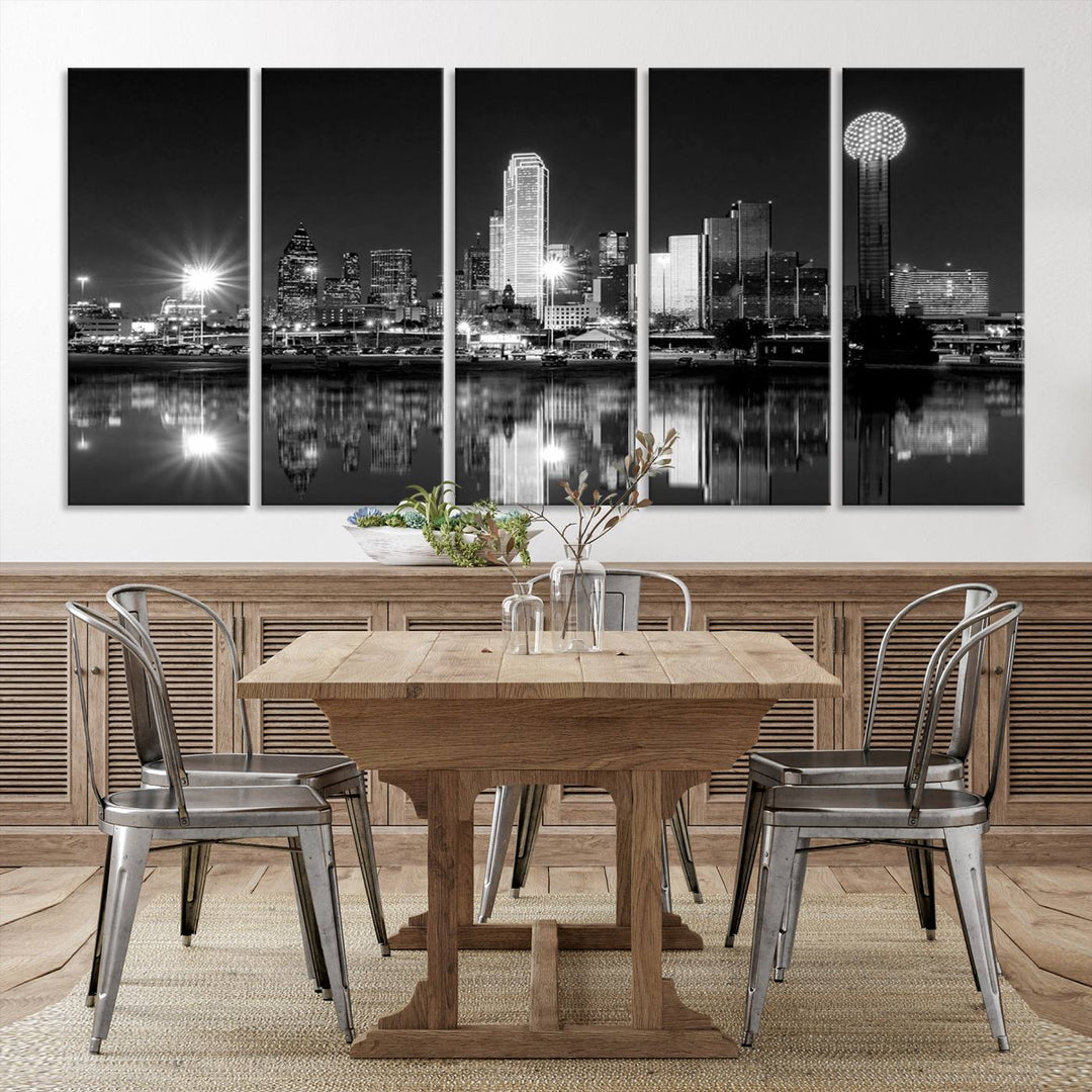 The living room showcases the Dallas City Lights Skyline Black and White Wall Art Cityscape Canvas Print. This museum-quality artwork is ready to hang and features a UV-protective coating to maintain its vibrant colors.