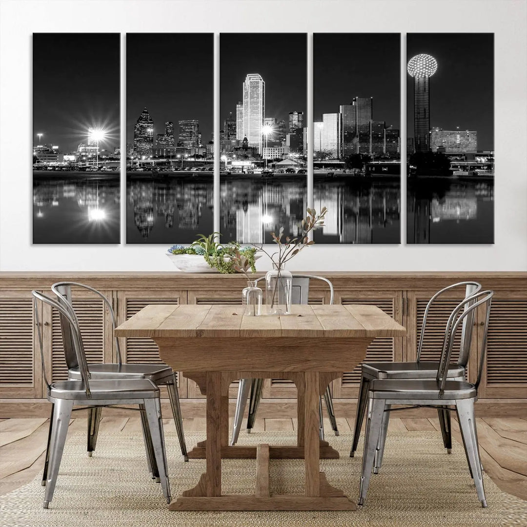 The Dallas City Lights Skyline Black and White Wall Art Cityscape Canvas Print is a striking addition to any space. These museum-quality canvases feature a UV-protective coating to maintain their beauty over time. Enjoy the convenience of free shipping when you choose this elegant piece for your home.