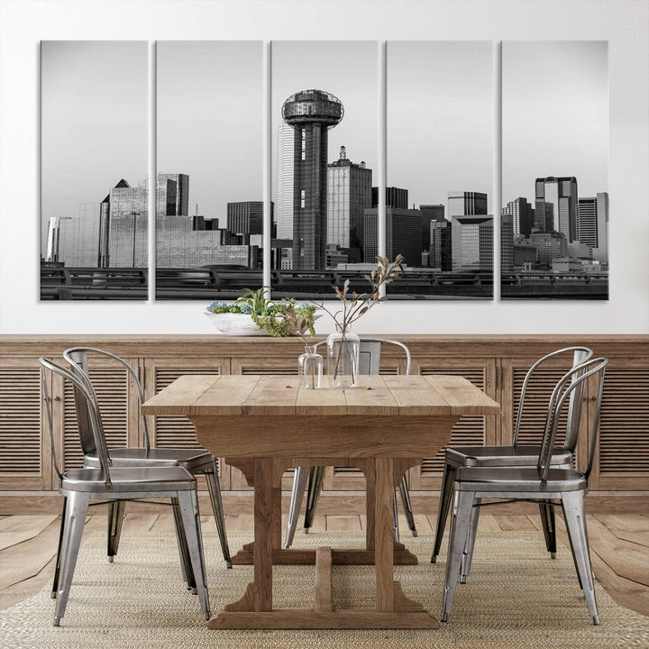 The Dallas City Lights Skyline Black and White Wall Art is elegantly displayed on museum-quality canvas.