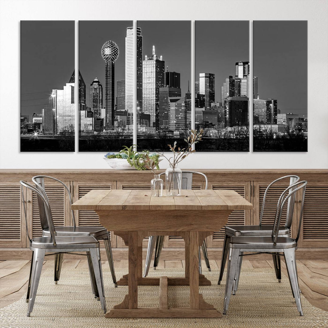 The Dallas City Skyline Black and White Wall Art Cityscape Canvas Print features a gallery-wrapped, museum-quality finish.