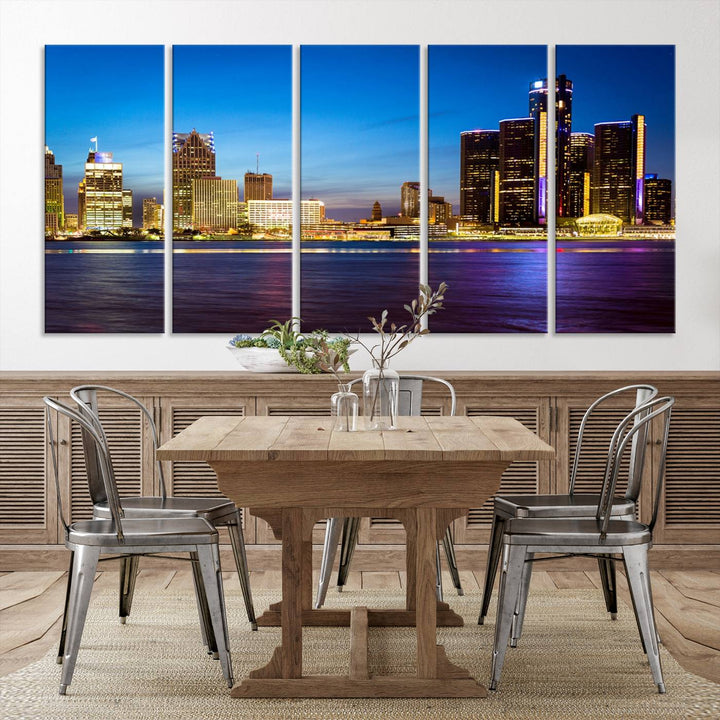 The living room features a breathtaking canvas print titled "Detroit City Lights Night Bright Blue Skyline Cityscape View," presented in a stunning triptych format on museum-quality canvases that are ready to hang.