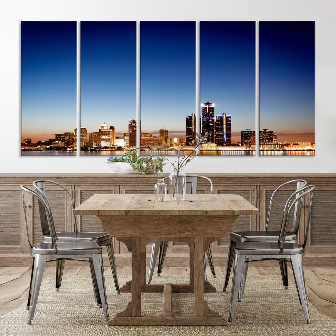 The Detroit City Lights Sunrise Skyline Cityscape View Wall Art Canvas Print adorns the modern living room. Crafted on museum-quality canvas with a UV-protective coating, this piece is ready to hang and elegantly elevates your décor.