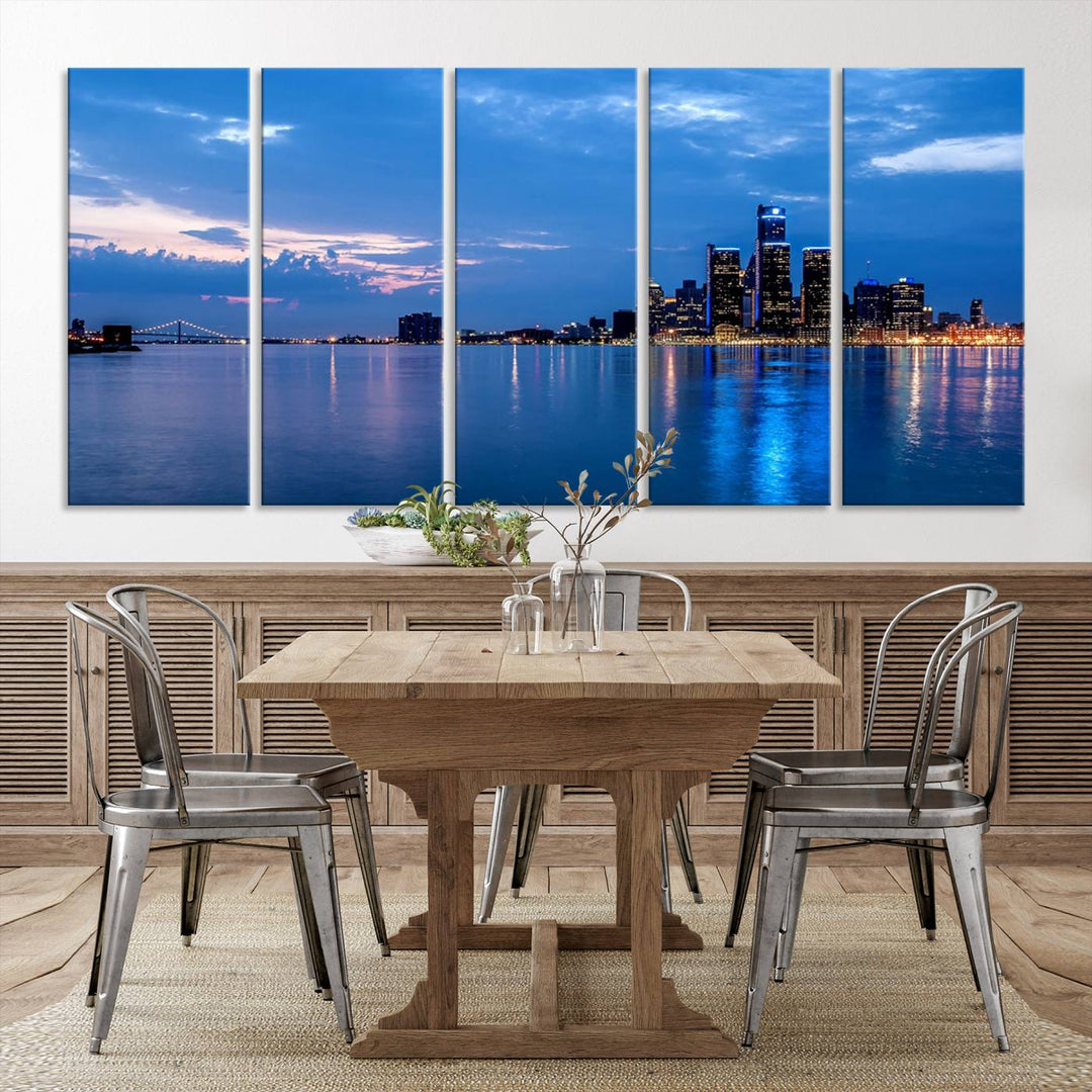 The "Detroit City Lights Night Blue Cloudy Skyline Cityscape View" wall art, displayed on museum-quality canvases, is split into three gallery-wrapped panels.