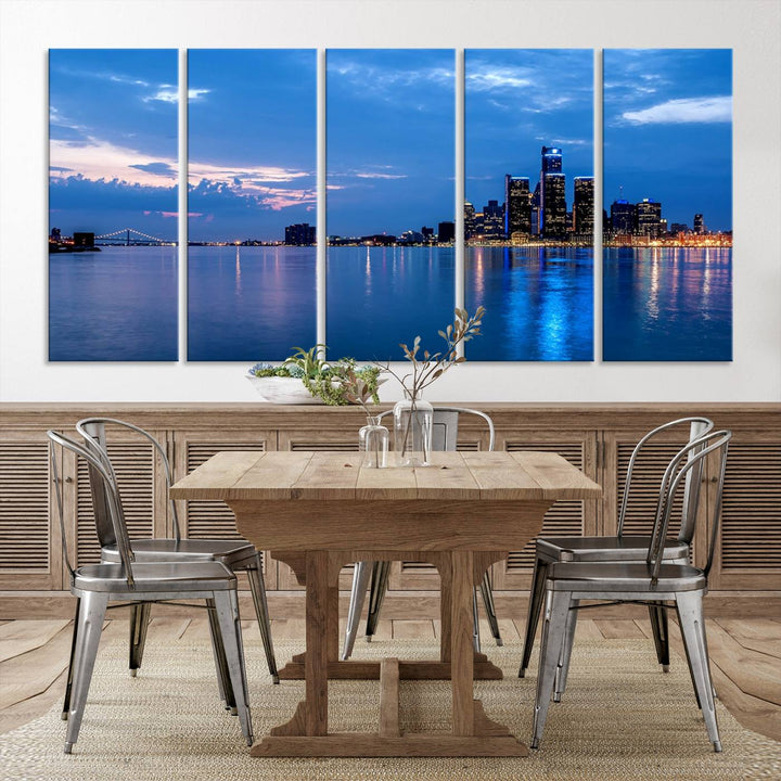 The "Detroit City Lights Night Blue Cloudy Skyline Cityscape View" wall art, displayed on museum-quality canvases, is split into three gallery-wrapped panels.