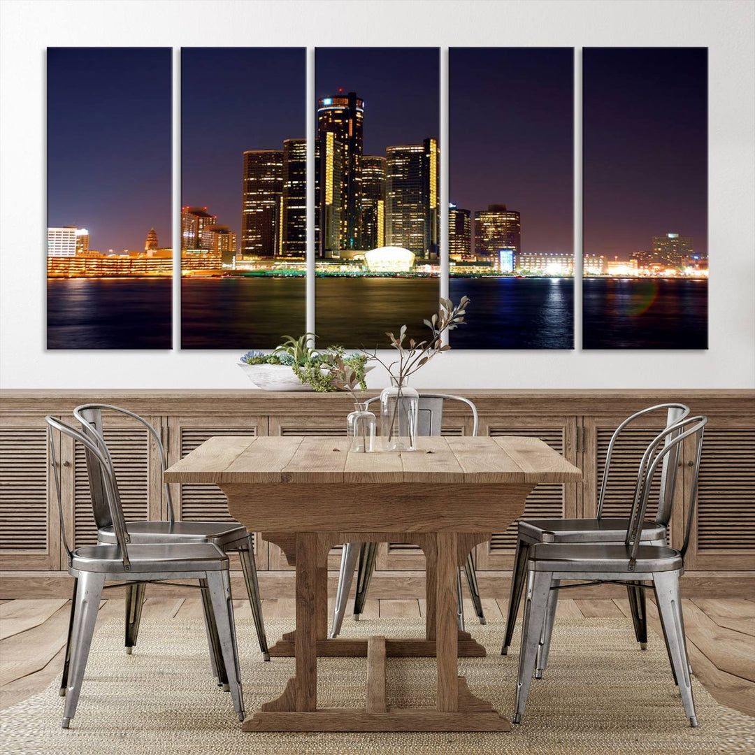 The Detroit City Lights Night Skyline Cityscape View Wall Art Canvas Print, elegantly split into three panels, is made from museum-quality pollycotton and gallery wrapped for a sophisticated touch. It is available with free shipping to effortlessly elevate your space.