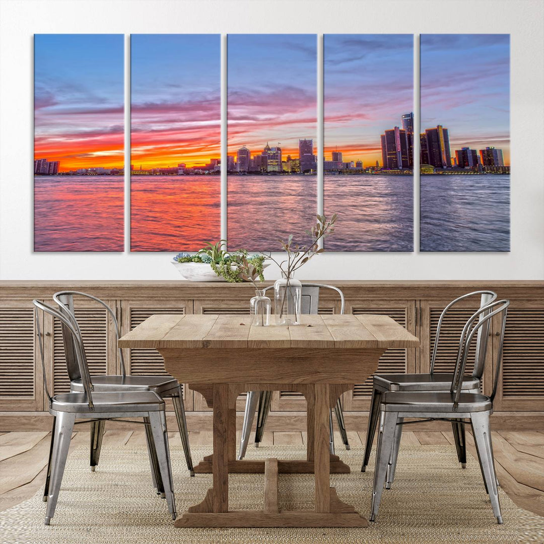 The Detroit City Lights Sunset Colorful Cloudy Skyline Cityscape View Wall Art Canvas Print showcases a vibrant city skyline at sunset over water. The artwork is museum-quality, comes ready to hang, and features a UV-protective coating to preserve its vivid colors.