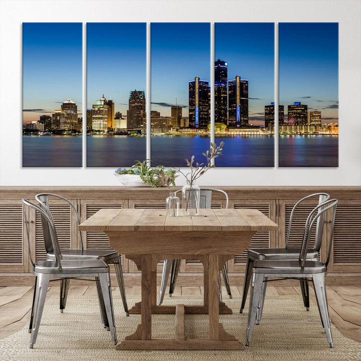 The "Detroit City Lights Sunrise Skyline Cityscape View Wall Art Canvas Print" on the wall is a triptych gallery-wrapped on museum-quality canvas, adding an elegant touch to the space.