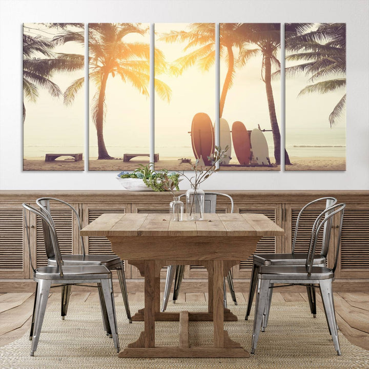 Surfboard and Palm Tree on Beach Double Exposure with Colorful Bokeh Sunset Light Wall Art Canvas