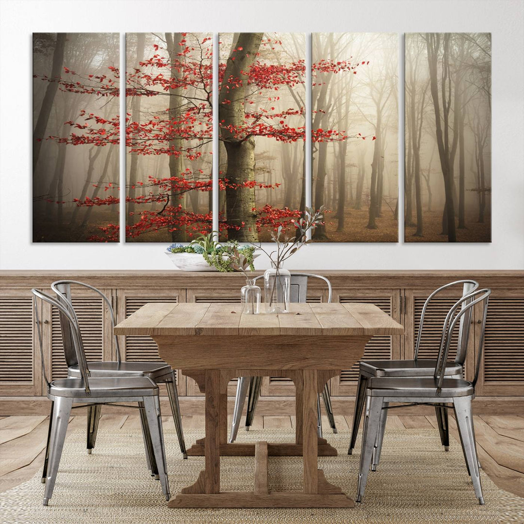 The living room features the Foggy Forest Wall Art, an Autumn Trees Canvas Print that showcases a serene nature scene with foggy woodland decor and a tree adorned in vibrant red leaves.