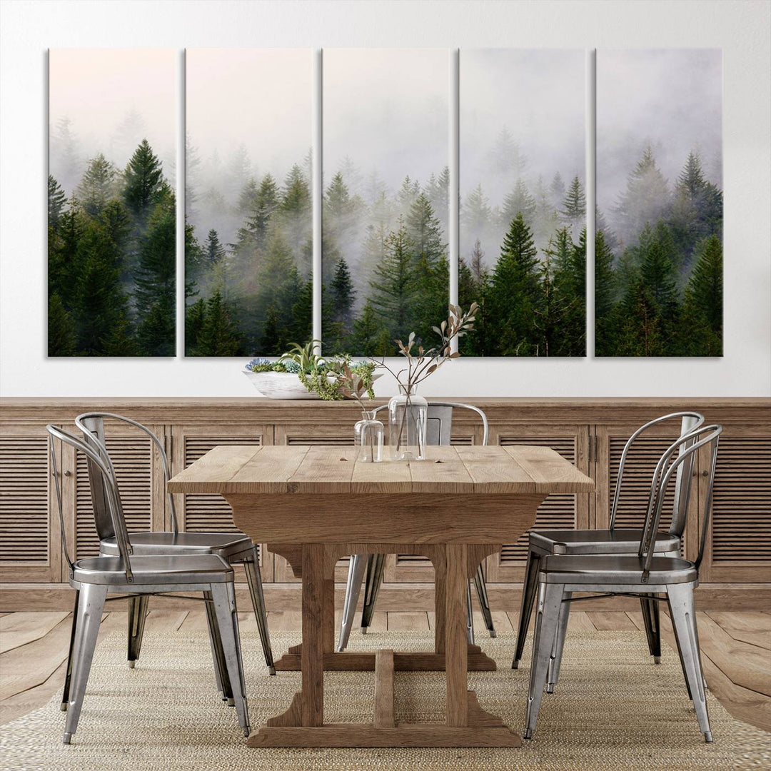 A 3-panel Misty Pine Forest Wall Art Canvas Print, featuring a green woodland scene, adorns the wall.