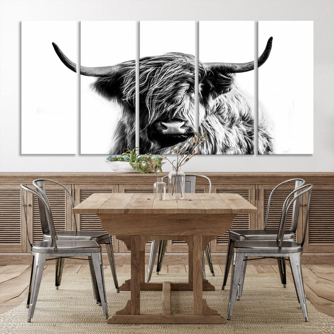 The Scottish Highland Cow Cattle Art Print Farmhouse Wall Art Canvas Print enhances rustic farmhouse decor with its depiction of a long-haired, large-horned cow. This triptych is an ideal choice for chic wall art.