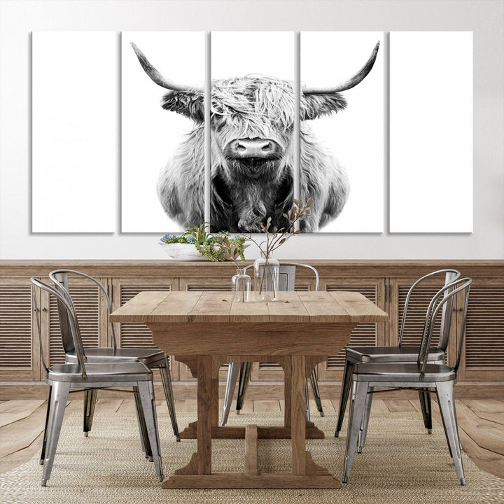 The wall art features a triptych of a Scottish Highland cow, printed on museum-quality canvases with a UV-protective coating. This decorative piece is known as the Highland Cow Canvas Wall Art Farm House Wall Art.