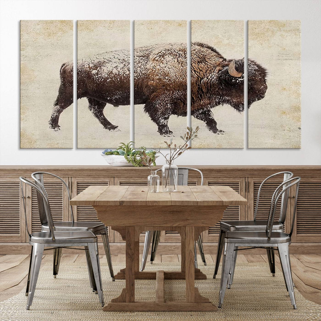 The "Buffalo Wall Art" canvas print, featuring a Western bison, hangs prominently, infusing the space with rustic cowboy and Western decor.