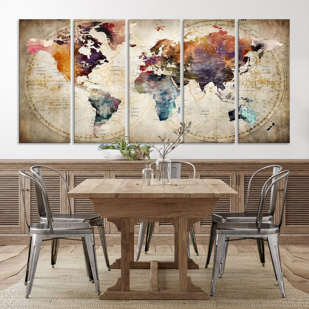 A World Map Wall Art Canvas Print featuring vibrant colors is crafted on museum-quality canvas, adding a touch of elegance to the room.