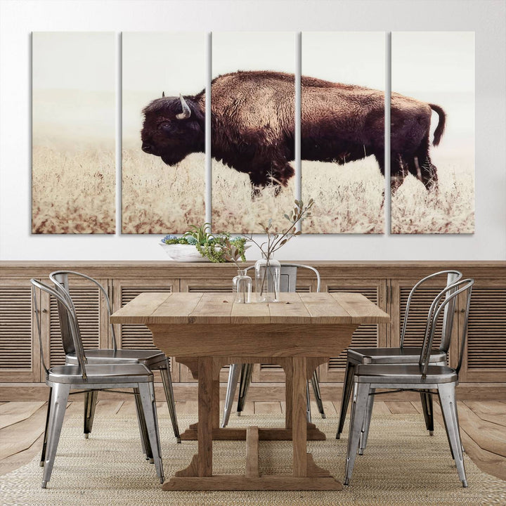 A stylish living room showcases the captivating "Bison in Field" Wall Art Canvas Print as farmhouse decor.