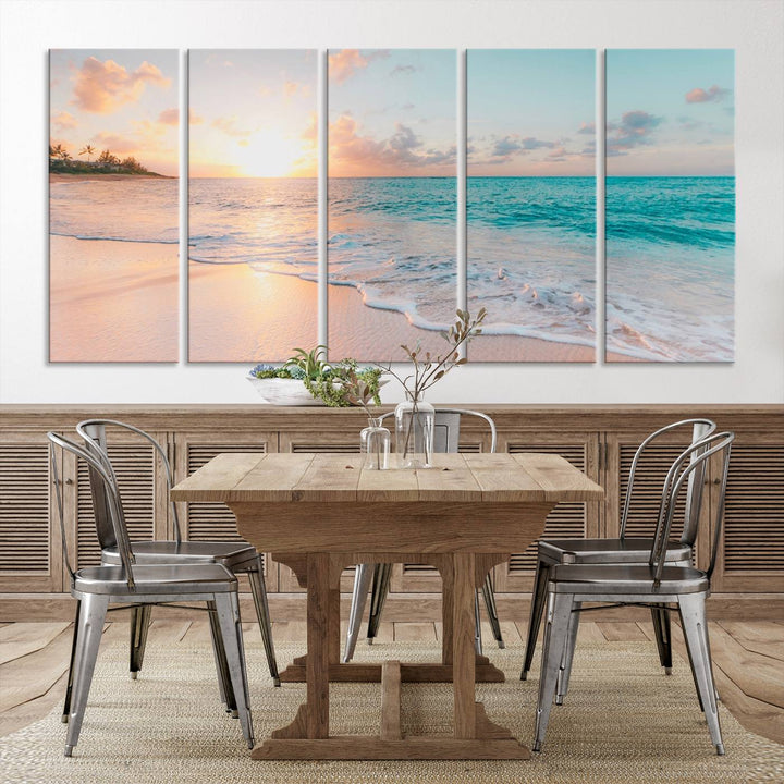 Beach Sunrise Wall Art, Coastal Seascape Canvas Print, Ocean Wave Multi-Panel Giclee, Coastal Sunset Beach Scene for Modern Decor