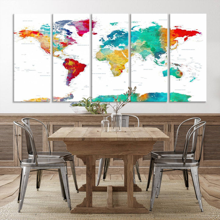 A stunning Colorful World Map Triptych Canvas Print, featuring a ready-to-hang framed design, adds vibrancy and modern flair to the space, effortlessly elevating the entire home décor.