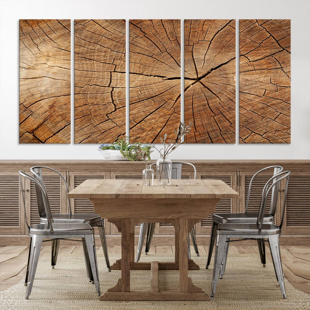 The stunning multi-panel wall art piece, the Tree Ring Canvas Art, features intricate rustic wood grain textures. This giclee triptych hangs elegantly on the wall.