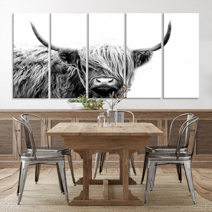 A museum-quality triptych titled "Black White Scottish Highland Cow Cattle Art Print Farmhouse Wall Art Canvas Print" embellishes the dark wall. The canvas is equipped with a UV-protective coating to ensure lasting vibrancy.