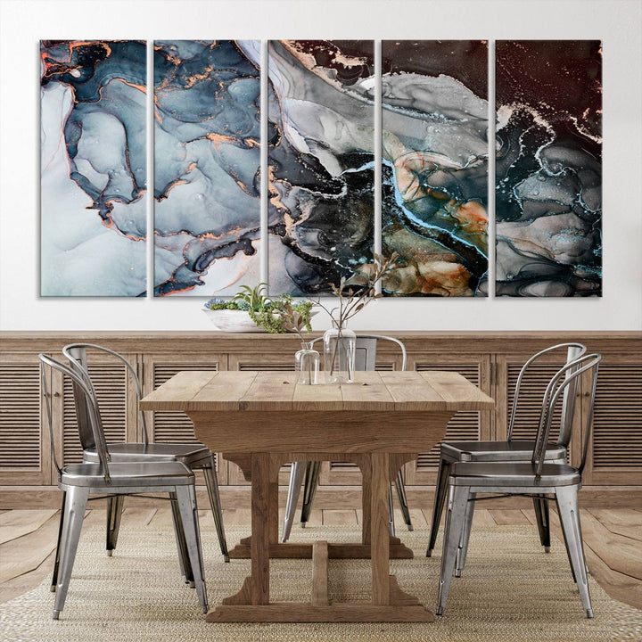 The Mix Color Large Abstract Marble Wall Art Canvas Print is printed on museum-quality canvas. It features a UV-protective coating and is ready to hang, adding elegance to the room.