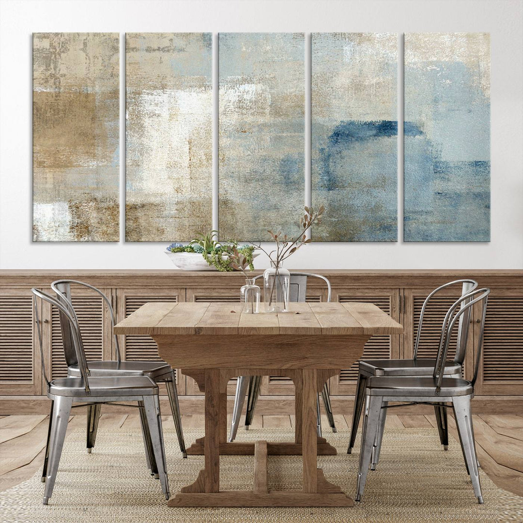 Abstract Blue and Beige Wall Art, Modern Minimalist Canvas Print Set, Giclee Textured Art, Large Multi-Panel Artwork for Living Room