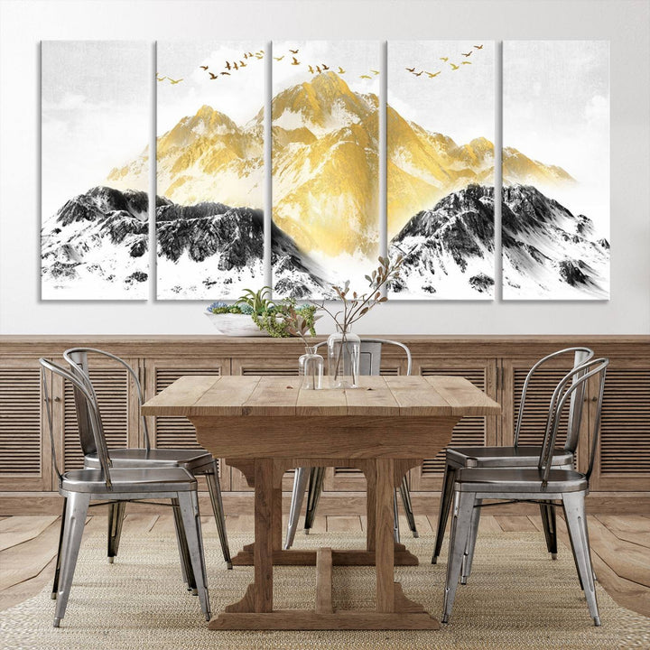 Golden Mountain Triptych Wall Art, Modern Giclee Canvas Print, Nature Landscape Decor for Living Room, Contemporary Gold and Black Wall Art