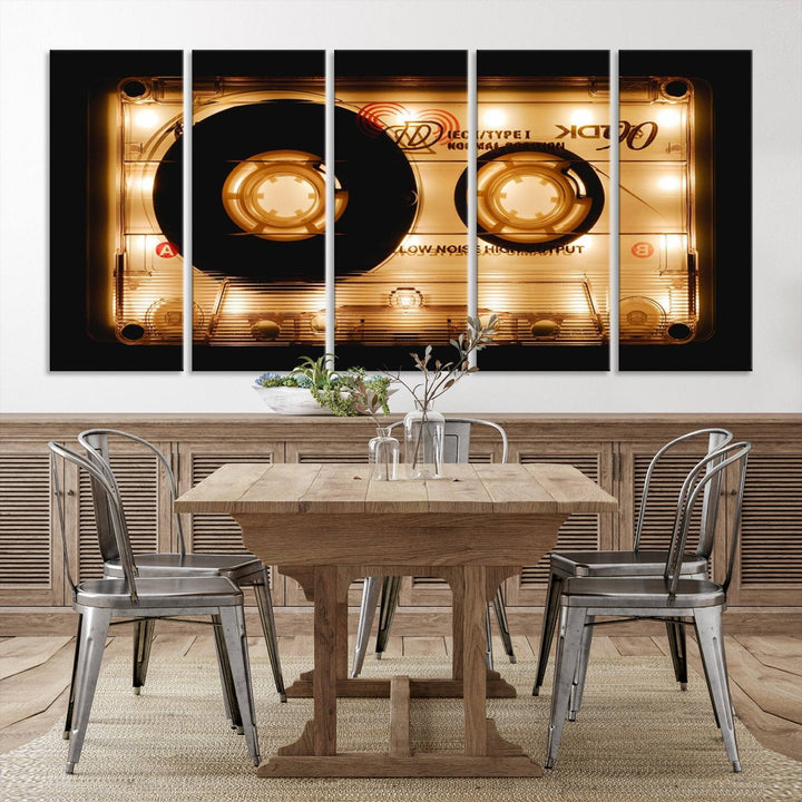 The Shining Audio Cassette Retro Music Wall Art Canvas Print, featuring a vintage cassette tape design and protected with a UV coating on museum-quality canvases, creates an impressive visual impact.