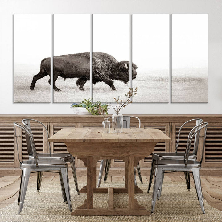 American Bison in Grasslands Triptych Canvas Wall Art – Western-Inspired Nature Decor for Home or Office