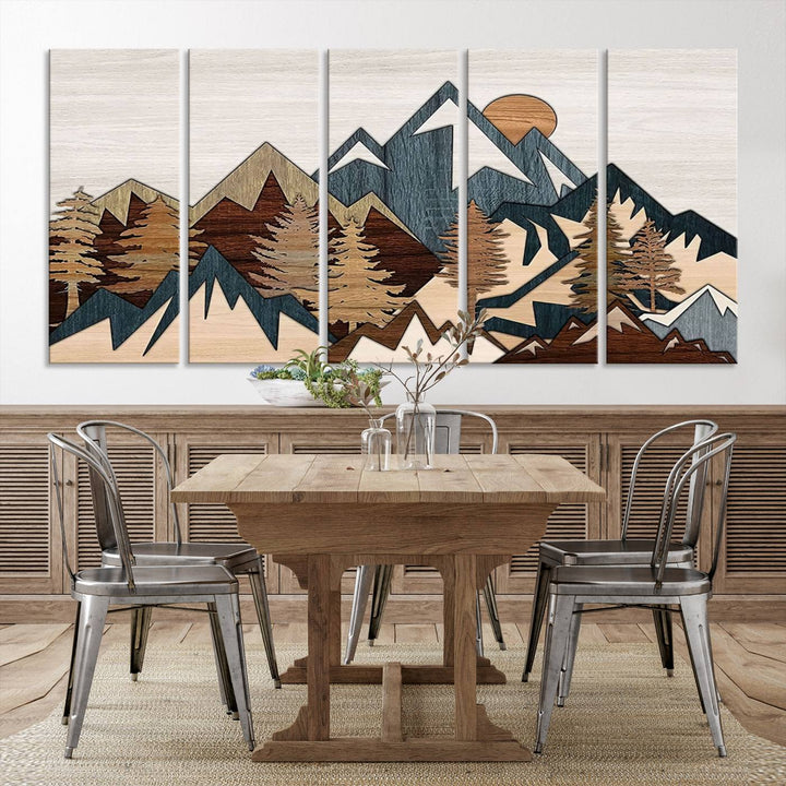 Woodland Mountain Landscape Triptych, Giclee Canvas Art for Modern Home, Rustic Wooden Nature Wall Art, Large Mountain and Tree Canvas for Living Room