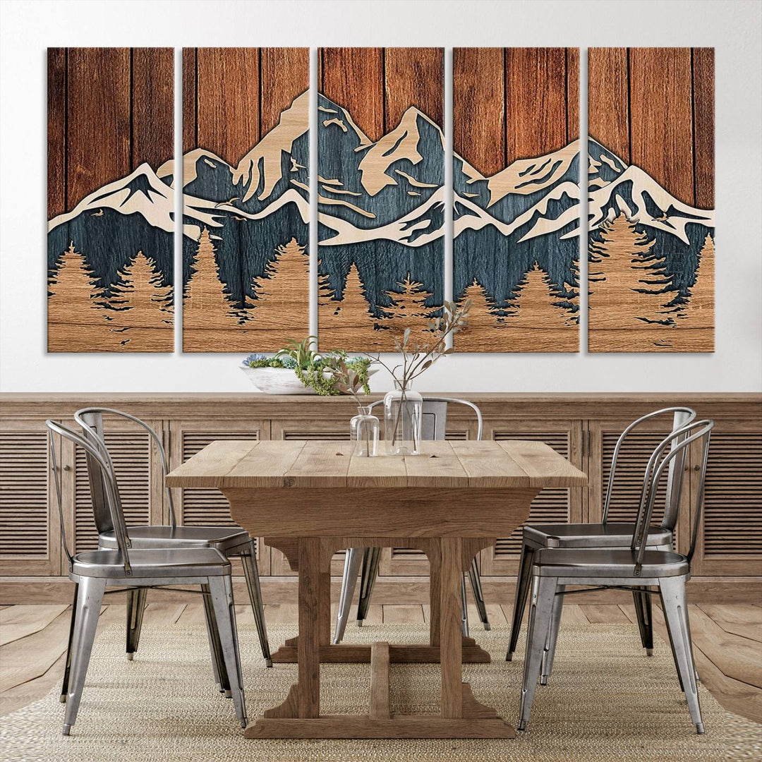 Rustic Wood Style Mountain Wall Art, Nature Forest Canvas Print, Wooden Textured Mountain Artwork, Handcrafted Landscape Decor for Farmhouse Decor