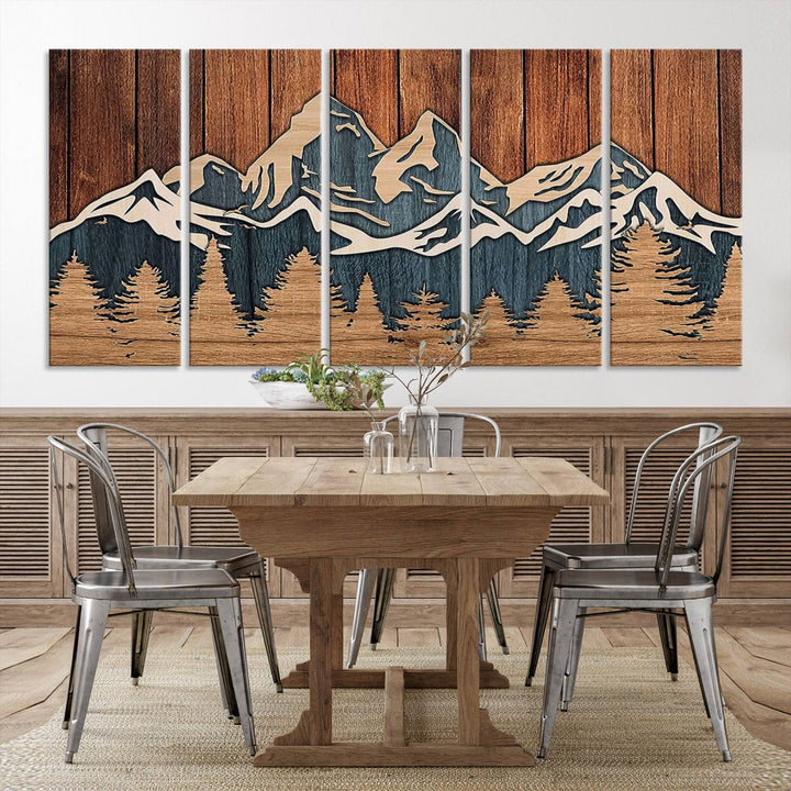 Rustic Wood Style Mountain Wall Art, Nature Forest Canvas Print, Wooden Textured Mountain Artwork, Handcrafted Landscape Decor for Farmhouse Decor