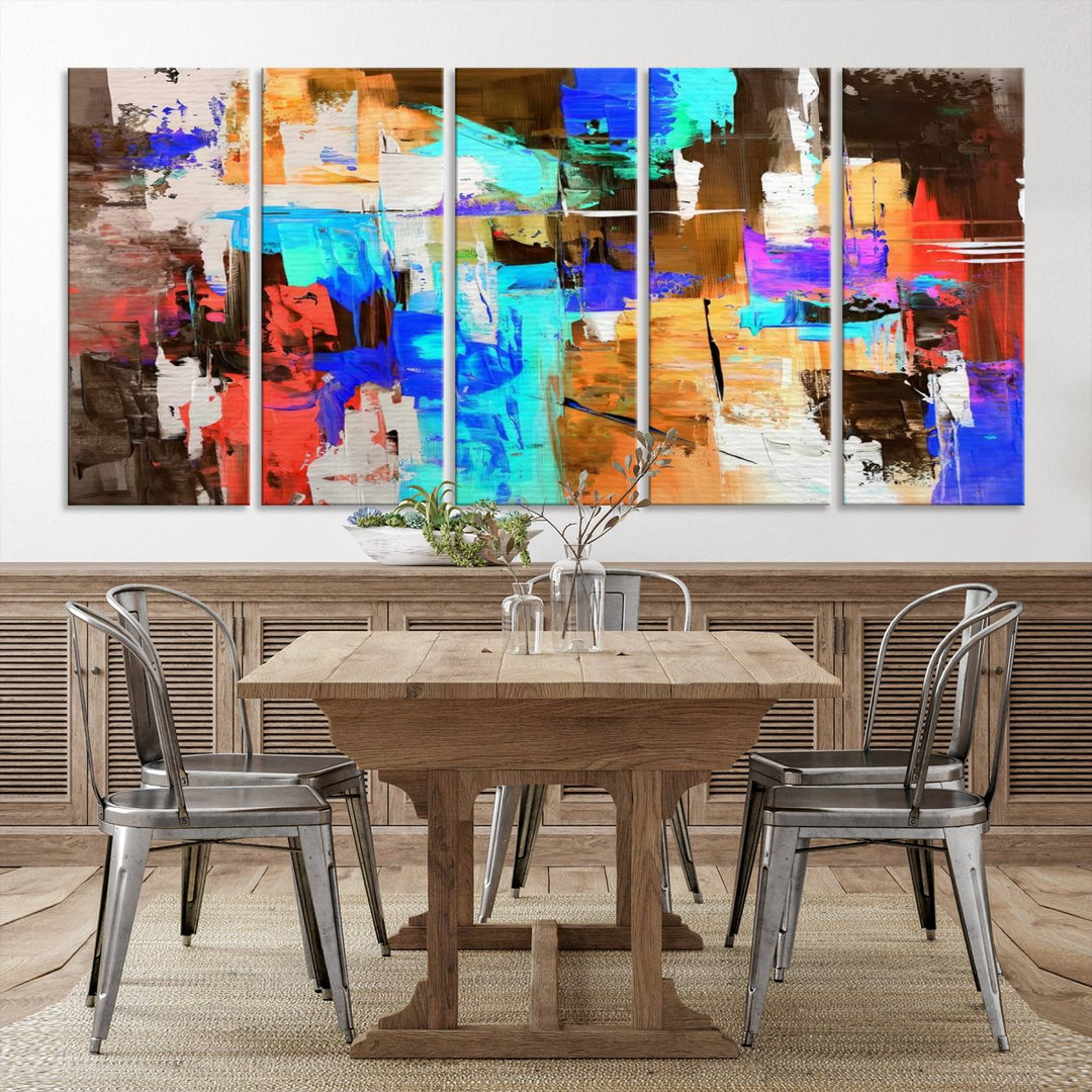 In a modern living room, the "Colorful Abstract Wall Art Canvas Print" serves as a stunning triptych centerpiece on museum-quality canvas, ready to hang. Its UV-protective coating ensures enduring vibrancy.