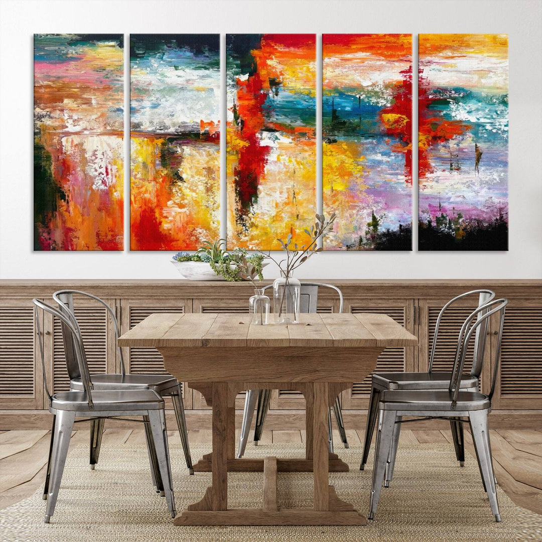 A Colorful Abstract Wall Art Canvas Print graces the wall, making this ready-to-hang masterpiece, complete with UV-protective coating, perfect for elevating any space with its vibrant allure.