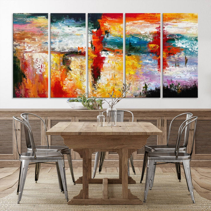 A Colorful Abstract Wall Art Canvas Print graces the wall, making this ready-to-hang masterpiece, complete with UV-protective coating, perfect for elevating any space with its vibrant allure.