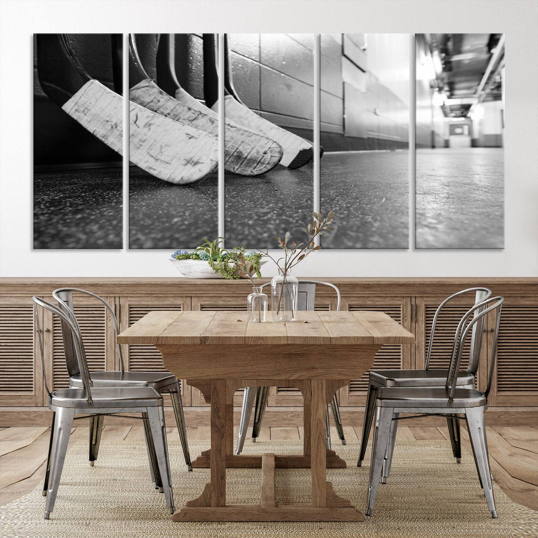 A living room featuring a large Ice Hockey Wall Art Canvas Print on gallery-wrapped canvas.