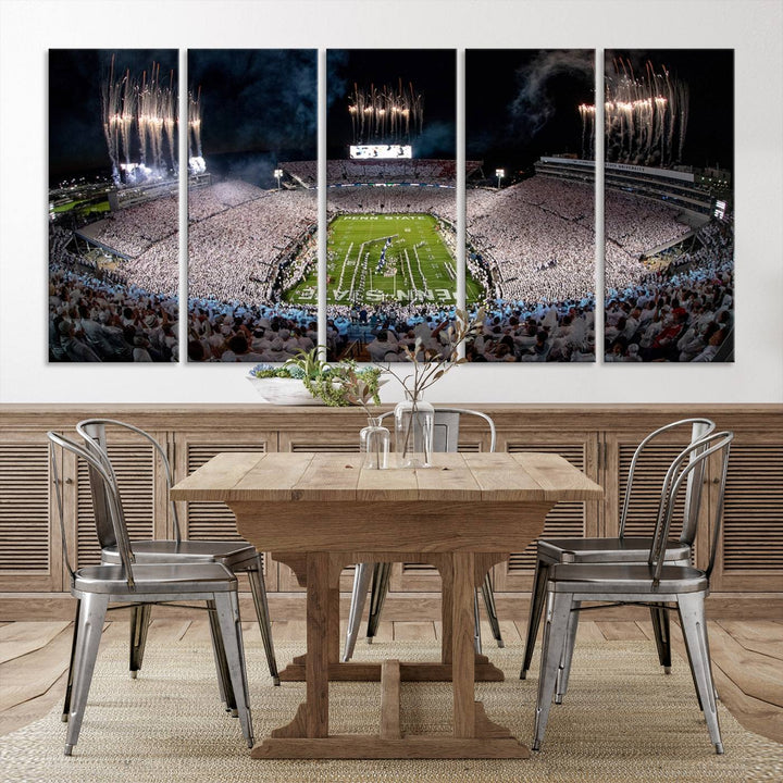 The Penn Stadium Football Wall Art Canvas Print showcases the lively ambiance of a bustling Pennsylvania University football stadium illuminated by fireworks.