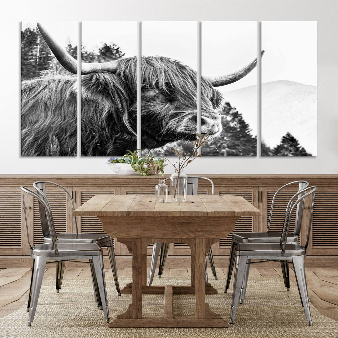 The Scottish Longhorn Wall Art Canvas Print features a highland cow with long horns and shaggy hair displayed on a museum-quality canvas. Equipped with a UV-protective coating for durability, it's ready to hang and enjoy for years to come.