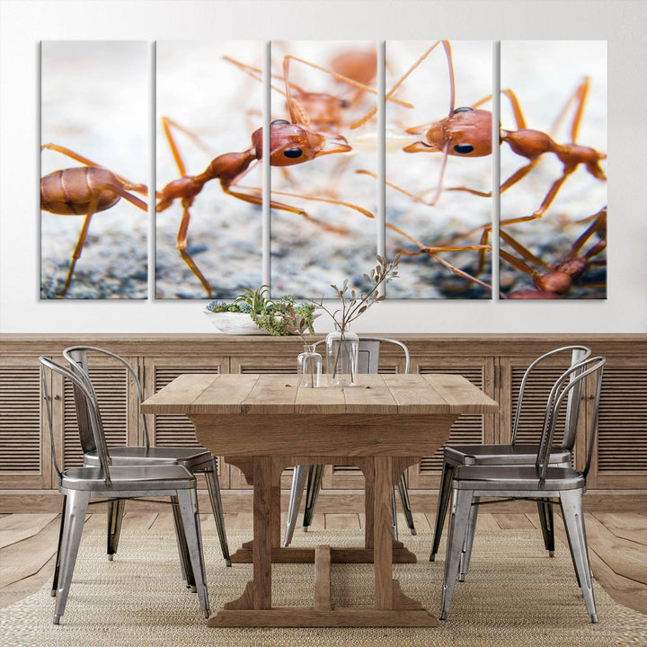 The "Ants Wall Art Canvas Print" features two ants facing each other, beautifully presented across three panels on museum-quality canvas with a UV-protective coating.