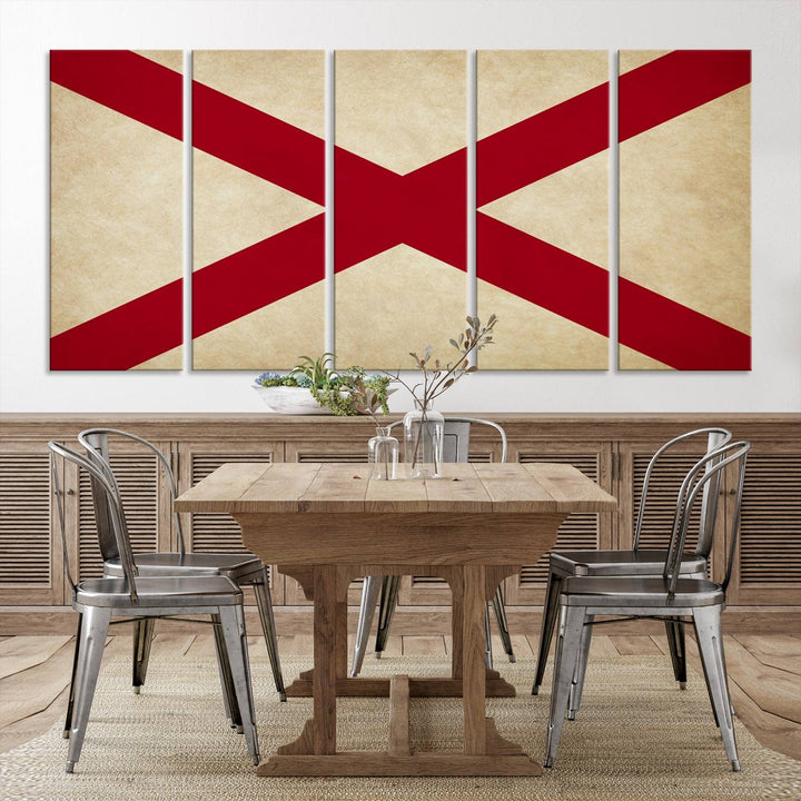 The USA Alabama States Flag Wall Art, featuring a red diagonal cross on a cream background, is elegantly displayed on museum-quality canvas with a UV-protective coating.