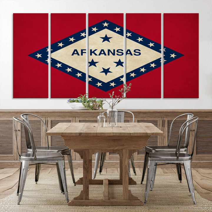 The Arkansas Flag Wall Art Canvas Print is displayed on gallery-wrapped, museum-quality canvases. Its vibrant colors are preserved by a UV-protective coating, ensuring long-lasting brilliance in your living space.