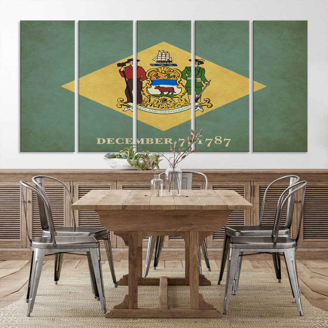 The Delaware States Flag Wall Art Canvas Print, featuring museum-quality material and a UV-protective coating, hangs elegantly, ready to be admired.