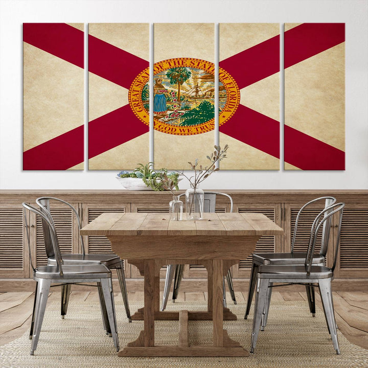 A Florida States Flag Wall Art Canvas Print, featuring a UV-protective coating for museum-quality preservation, is displayed.