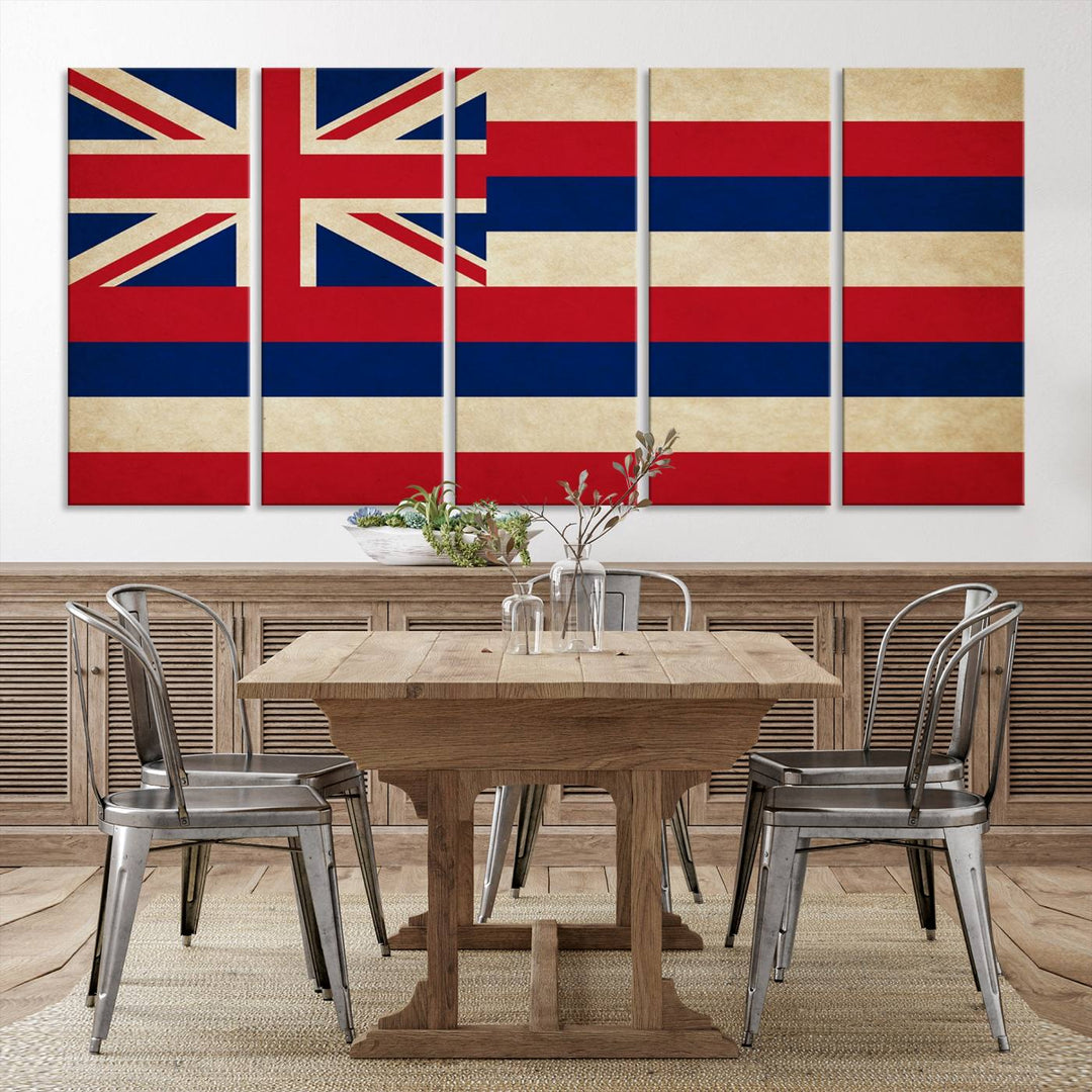 A stunning piece titled "Hawaii USA States Flag Wall Art Canvas Print" adorns the wall. This gallery-wrapped artwork is printed on museum-quality canvas and features a UV-protective coating, ensuring its vibrant colors remain timelessly beautiful.