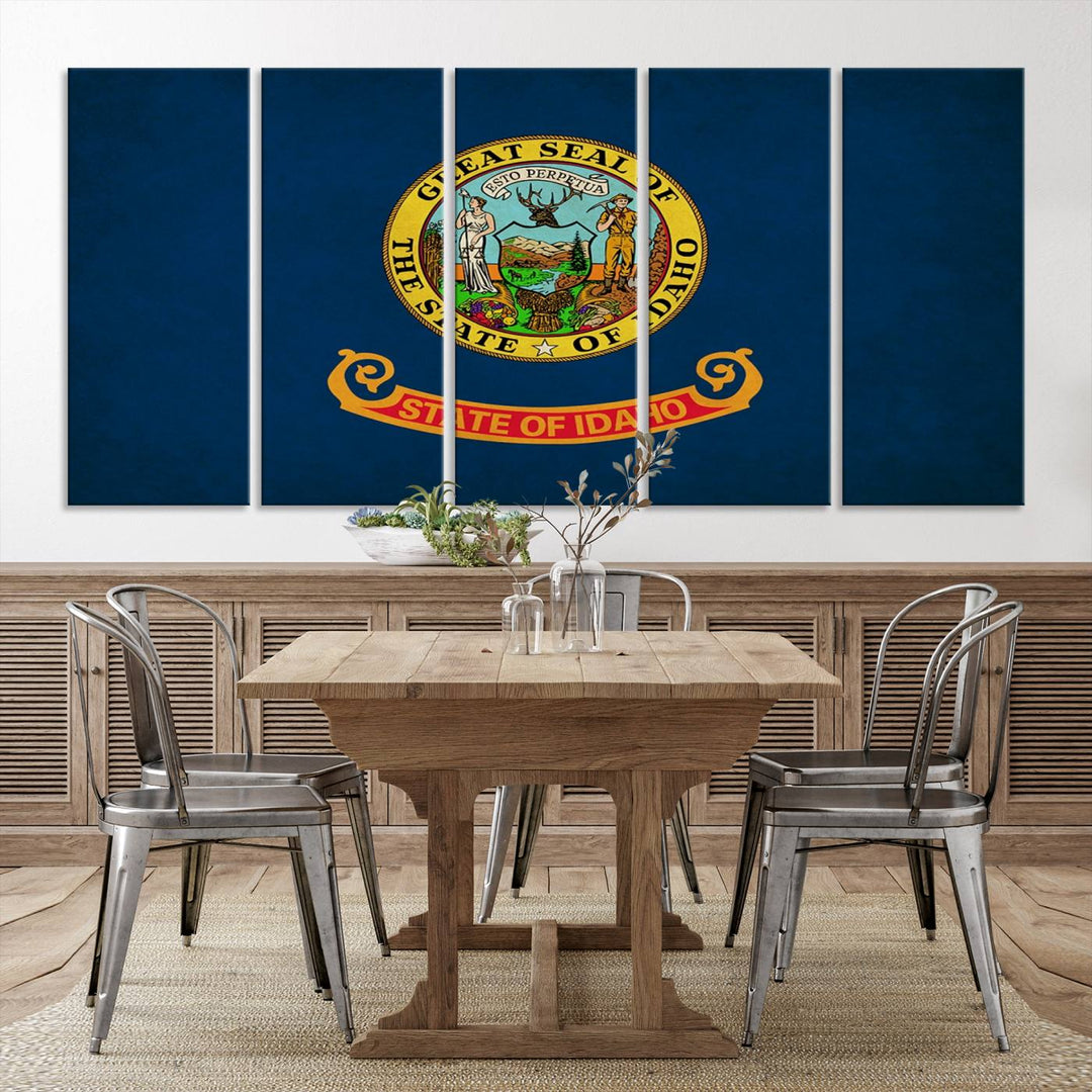 The Idaho USA States Flag Wall Art Canvas Print, featuring a UV-protective coating for lasting vibrancy, is ready to hang.