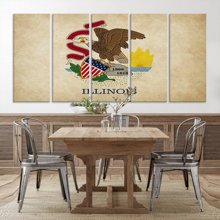 The Illinois State Flag Wall Art Canvas Print, crafted on museum-quality canvas with a UV-protective coating, is displayed prominently.