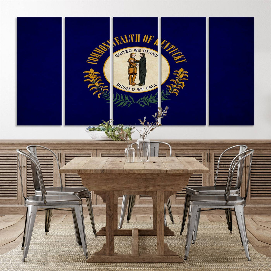 A museum-quality canvas of the Kentucky State Flag Wall Art graces the wall, featuring a UV-protective coating to maintain its vivid colors. Benefit from free shipping on this impressive home decor piece.