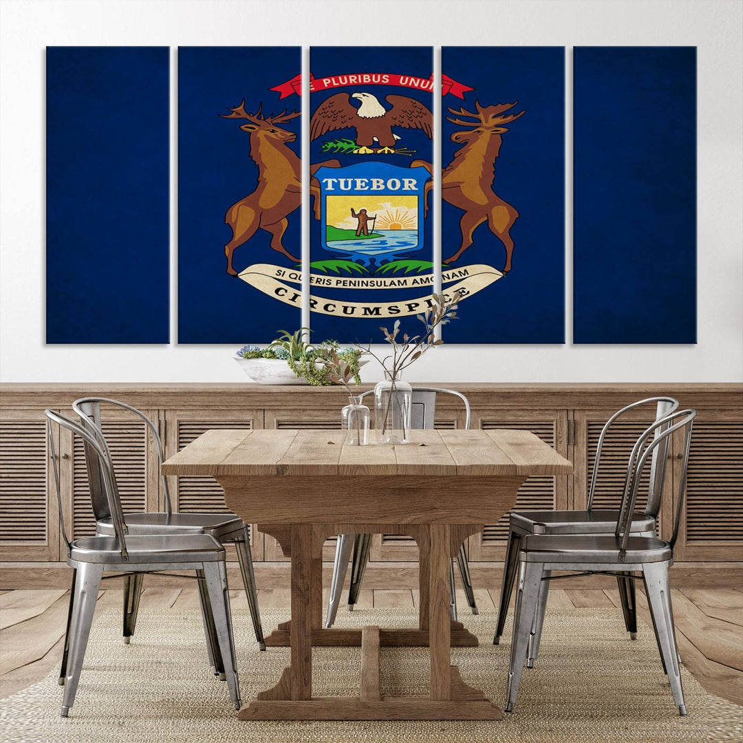 A piece of Michigan State Flag Wall Art on museum-quality canvas features a UV-protective coating to maintain its vibrant colors.