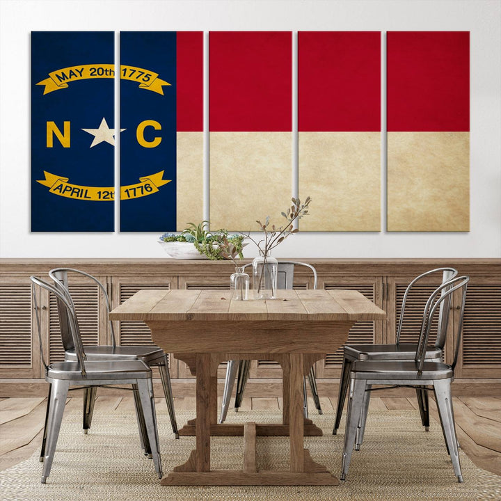 A museum-quality North Carolina State Flag Wall Art Canvas Print graces the wall, adding charm and character to any living space. Enjoy free shipping on this timeless piece.